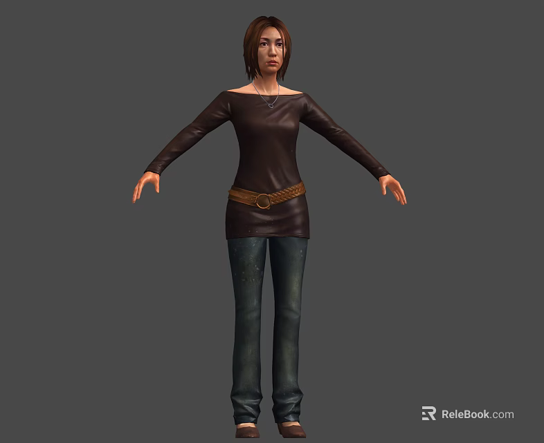 Woman in Brown Long Sleeve Top and Blue Jeans with Arms Outstretched on Gray Background 3d model 