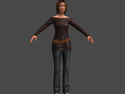 Woman in Brown Long Sleeve Top and Blue Jeans with Arms Outstretched on Gray Background 3d model