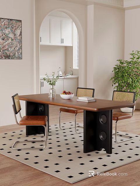 Wooden Dining Table With Black Legs And Rattan Back Chairs Indoor Green Plant 3d model 