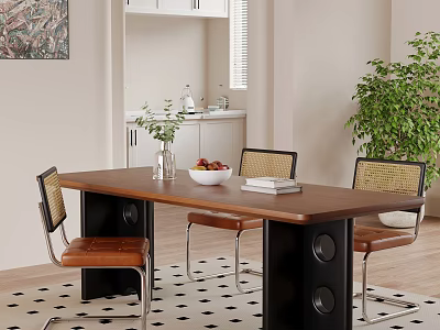 Wooden Dining Table With Black Legs And Rattan Back Chairs Indoor Green Plant 3d model