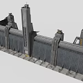 Cartoon Sci Fi Building Scene With Tall Gray Towers Yellow Accents And Open Plaza