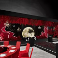 Wedding Banquet Hall With Red Floral Decorations Full Moon Backdrop And Red Carpet Aisle