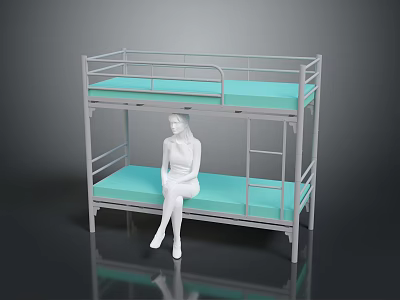 Group Of People Sitting On Bunk Bed With Blue Mattress And Metal Frame 3d model