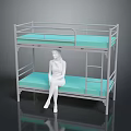 Group Of People Sitting On Bunk Bed With Blue Mattress And Metal Frame