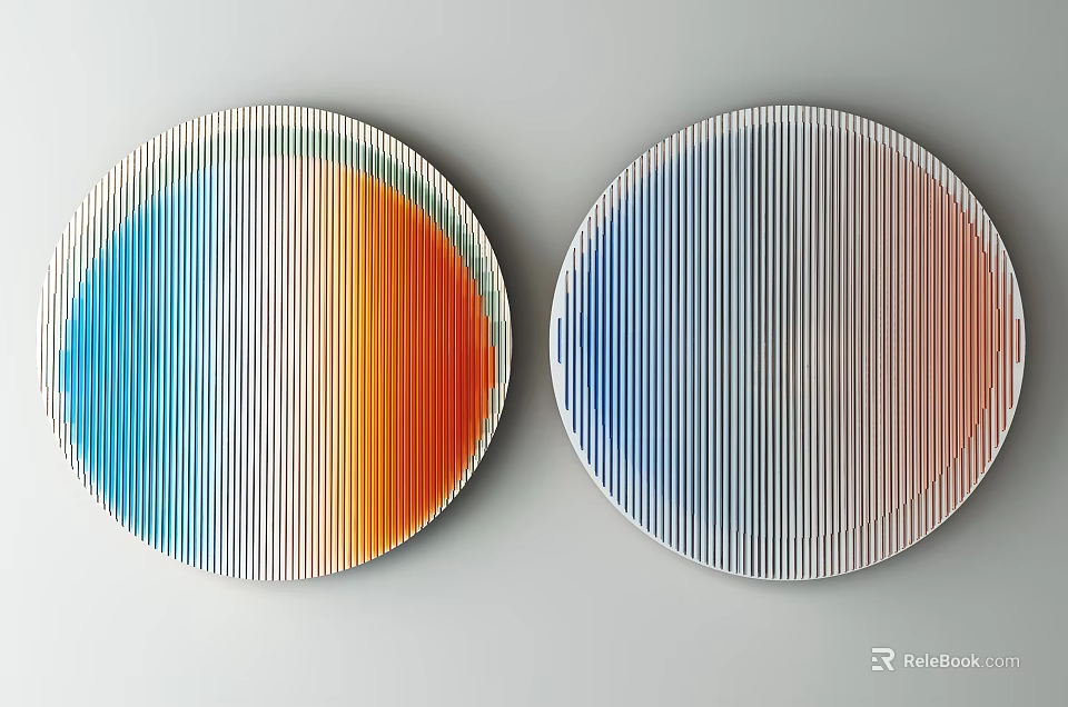 Two Round Decorative Plates With Vertical Striped Patterns And Gradient Color Schemes For Wall Decoration 3d model 