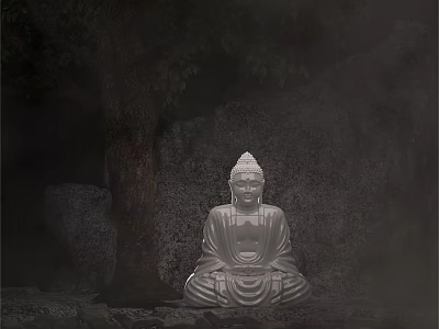 Buddha Sculpture in Sitting Posture with Stone Cave Background and Tree Elements 3d model