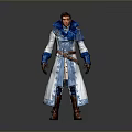 Man Wearing Blue and White Robe and Belt with Brown Boots Standing Against Gray Background