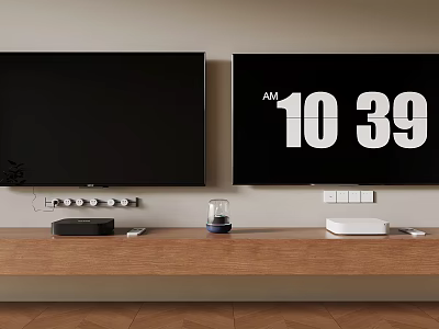 Two TVs On Wooden TV Stand With Digital Clock Display And Remote Controls 3d model