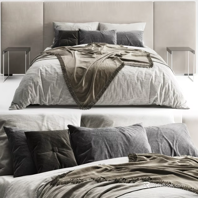 Modern Double Bed With Soft Gray Bedding Brown Blanket And Bedside Tables 3d model 