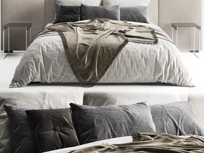 Modern Double Bed With Soft Gray Bedding Brown Blanket And Bedside Tables 3d model