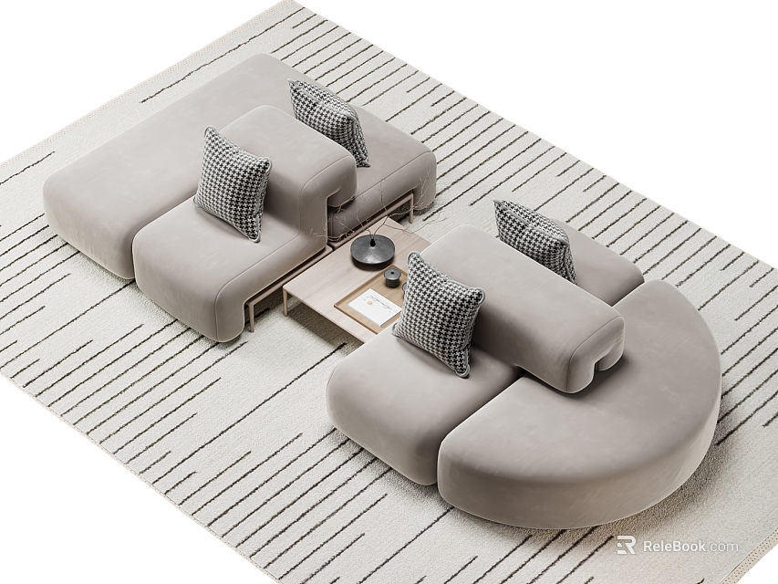 Light Gray Curved Lazy Sofa With Geometric Pattern Pillows On Striped Rug And Small Coffee Table 3d model 