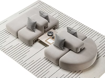 Light Gray Curved Lazy Sofa With Geometric Pattern Pillows On Striped Rug And Small Coffee Table 3d model