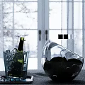 Inflatable Apple Shaped Vase With Green Fruits And Champagne Glass On Table With Grey Curtain