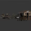 Small Wooden Harbor Scene With Dock Boats And Scattered Debris