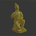 Ancient Bronze Kneeling Sculpture Carving With Intricate Armor And Topknot Details