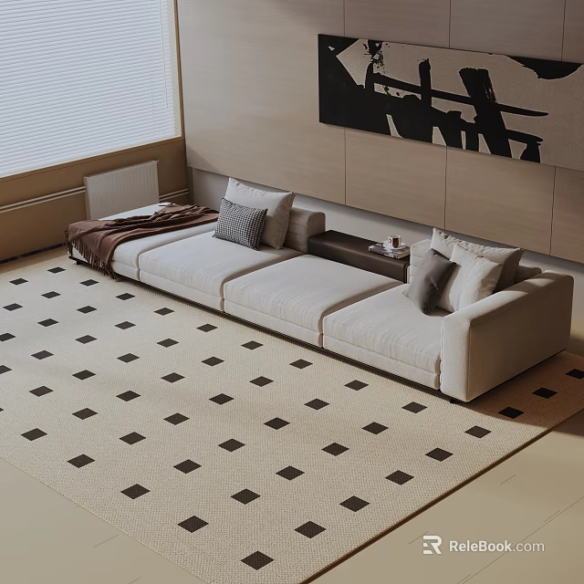 Modern Three Seater Sofa With Grey Cushions On Geometric Pattern Rug In Living Room 3d model 