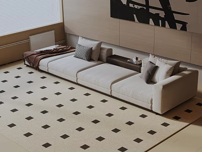 Modern Three Seater Sofa With Grey Cushions On Geometric Pattern Rug In Living Room 3d model