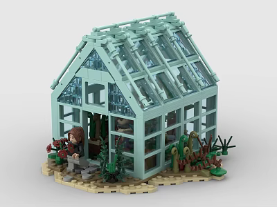 Building Blocks Greenhouse with Glass Structure Mini Figure and Plants on Brick Base 3d model