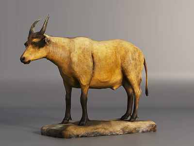 Brown Horned Animal Statue With Black Legs Standing On Stone Base 3d model