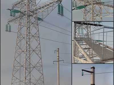 High Voltage Transmission Tower With Metal Structure Glass Insulators And Power Lines 3d model