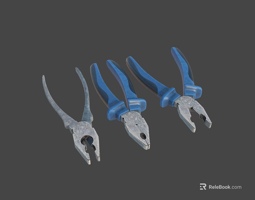 Hardware Tools Three Pliers with Blue Handles and Silver Heads 3d model 