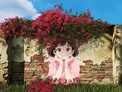 Cartoon Girl With Hands Under Chin By Red Brick Wall With Bougainvillea And Green Grass 3d model