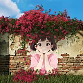 Cartoon Girl With Hands Under Chin By Red Brick Wall With Bougainvillea And Green Grass
