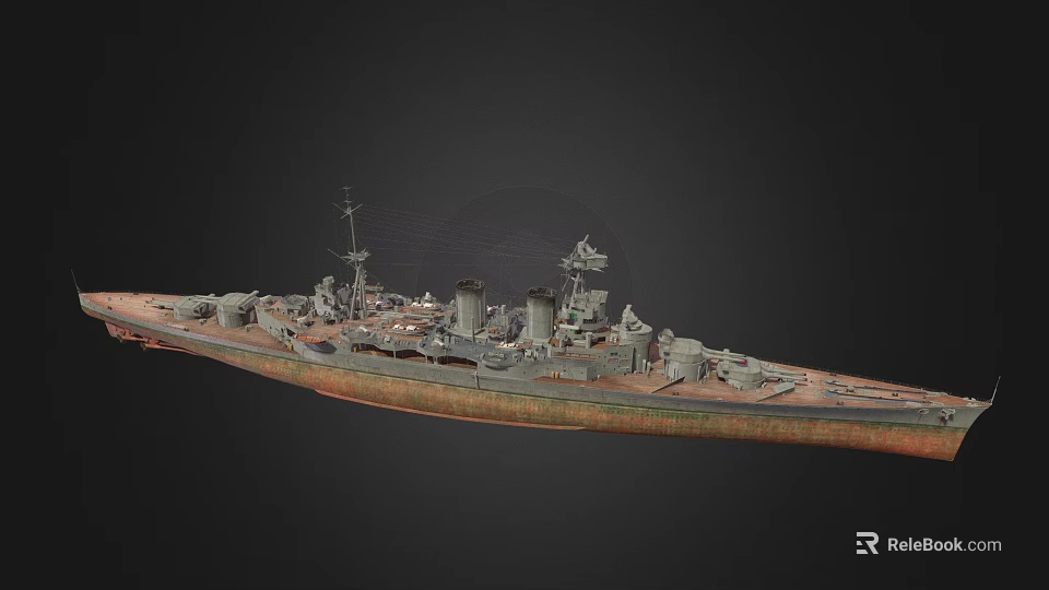 Vintage Warship Side View With Rusty Hull Turrets Smokestack And Mast 3d model 