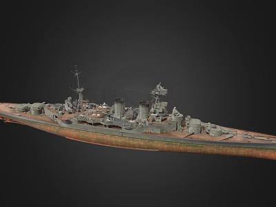 Vintage Warship Side View With Rusty Hull Turrets Smokestack And Mast 3d model