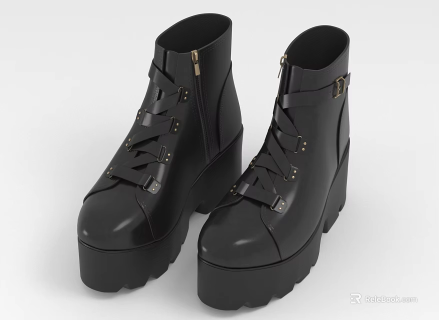 Black Leather Boots With Thick Platform Sole Lace Up Design And Side Zip Closure 3d model 