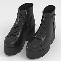 Black Leather Boots With Thick Platform Sole Lace Up Design And Side Zip Closure 3d model