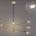 Modern Golden Metal Chandelier With Cross Structure And Transparent Glass Light Bulbs