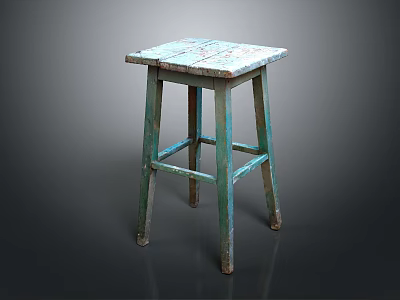 Vintage Turquoise Wooden Stool Featuring Distressed Square Top And Rustic Legs 3d model