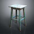 Vintage Turquoise Wooden Stool Featuring Distressed Square Top And Rustic Legs