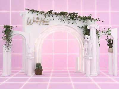 Elegant Wedding Event Entrance With White Arch Golden Lettering Green Vines And Pink Background 3d model