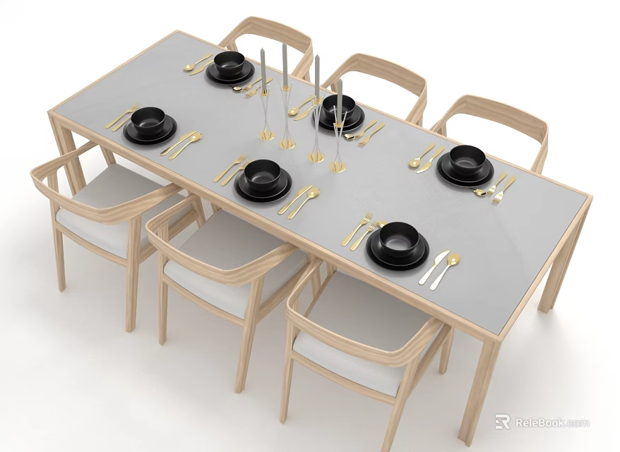 Light Wood Dining Table Set With Six Chairs Black Plates And Gold Cutlery 3d model 