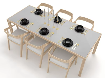 Light Wood Dining Table Set With Six Chairs Black Plates And Gold Cutlery 3d model