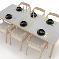 Light Wood Dining Table Set With Six Chairs Black Plates And Gold Cutlery