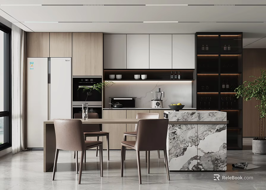 Modern Restaurant Interior With Open Kitchen Marble Island Cabinets Dining Chairs And Green Plants 3d model 