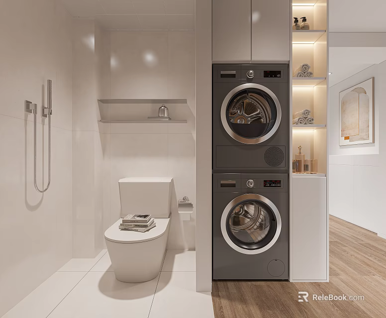Modern Bathroom With Toilet And Stacked Washer Dryer 3d model 