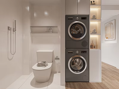 Modern Bathroom With Toilet And Stacked Washer Dryer 3d model