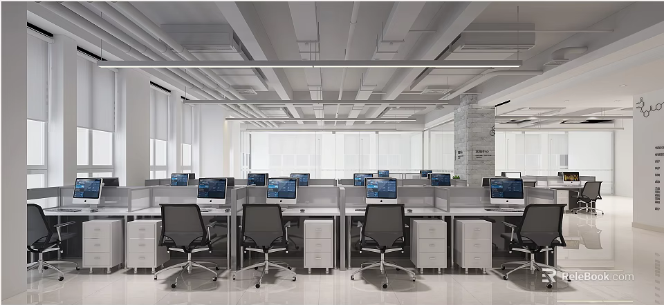 Modern Public Office Space With Workstations Computers And Ergonomic Office Chairs 3d model