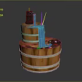 Wooden Tiered Water Fountain With Blue Flowing Stream And Metal Accents