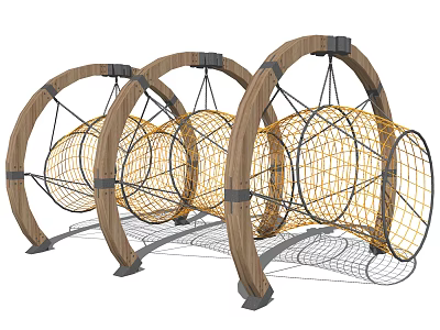 Outdoor Play Equipment With Wooden Arched Frames And Hanging Net Tunnels For Kids Playground Fun 3d model