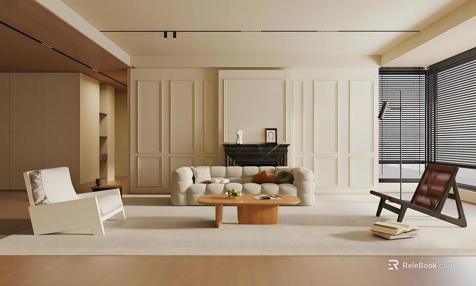 Modern Living Dining Room Interior With Sofa Coffee Table And Paneled Walls 3d model 