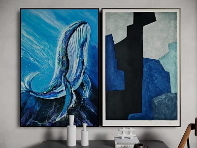Wall Art Featuring Whale And Geometric Abstract In Blue Black Grey Tones With Decorative Vases 3d model