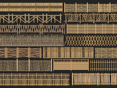 Various Decorative Fence Styles With Wooden Bamboo And Woven Patterns 3d model