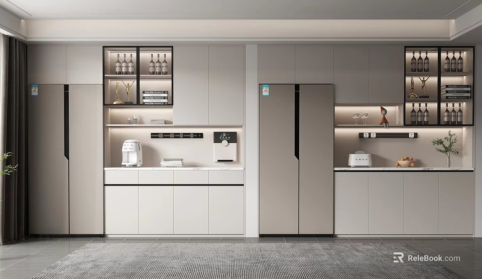 Modern Wine Cabinet Design With Glass Display Shelves And Light Colored Cabinets 3d model 