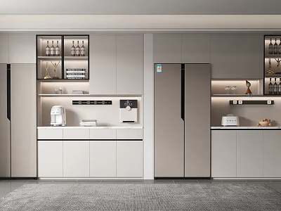 Modern Wine Cabinet Design With Glass Display Shelves And Light Colored Cabinets 3d model
