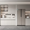 Modern Wine Cabinet Design With Glass Display Shelves And Light Colored Cabinets